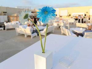 בתי פרח בצבע לבן עם פרחים גדולים בצבע כחול לקישוט שולחנות באירועים - להשכרה
