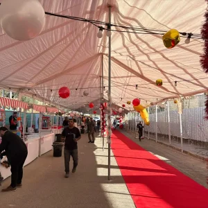 הצללה לבנה גדולה עם תאורה וקישוטים להשכרה לירידים